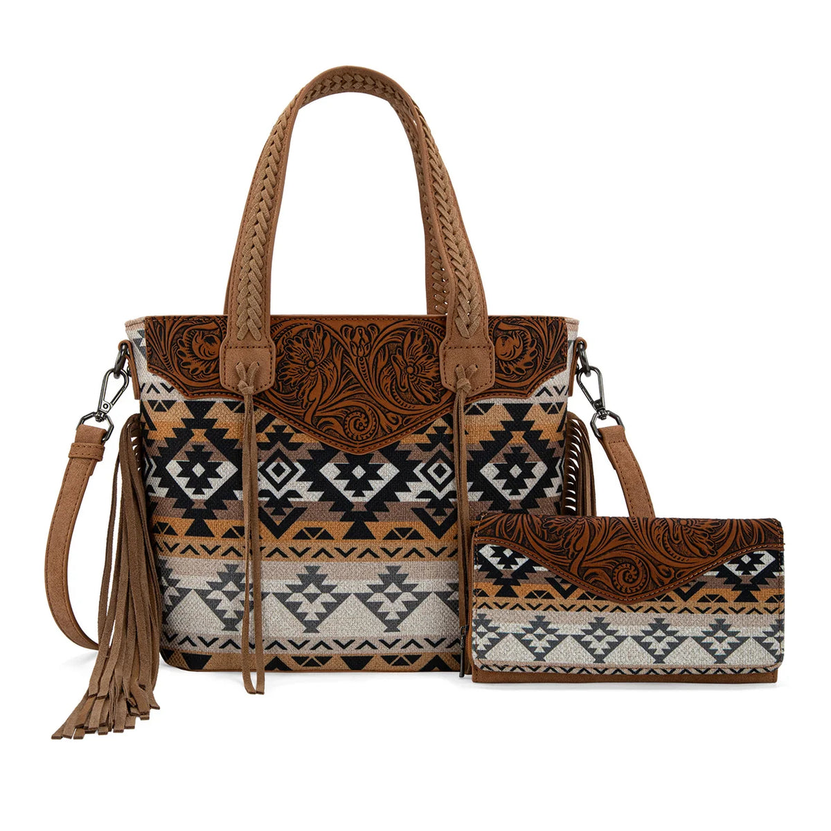 Montana West Tooled Aztec Tote/Crossbody with Wallet Set - Tan