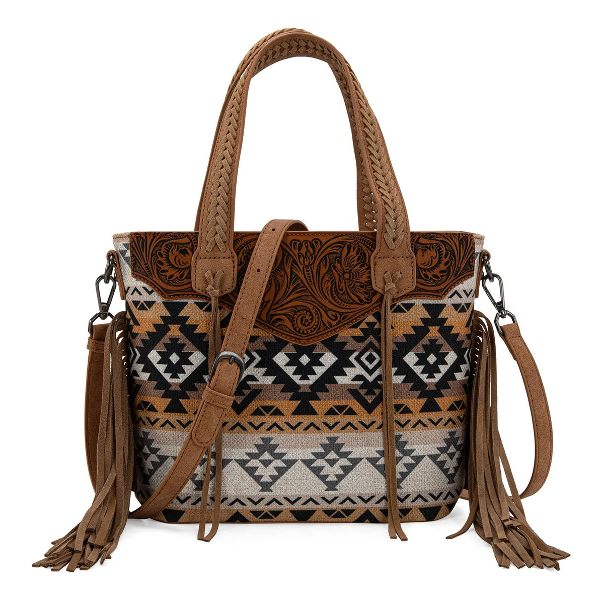 Montana West Tooled Aztec Tote/Crossbody with Wallet Set - Tan