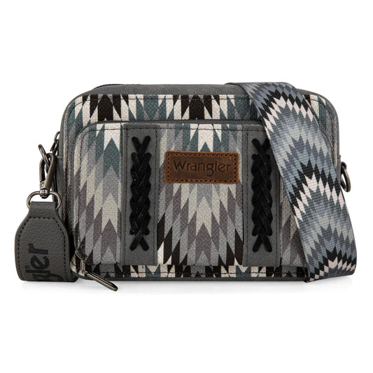 Montana West Wrangler Southwestern Pattern Dual Sided Print Crossbody Purse With Wallet Compartment - Grey