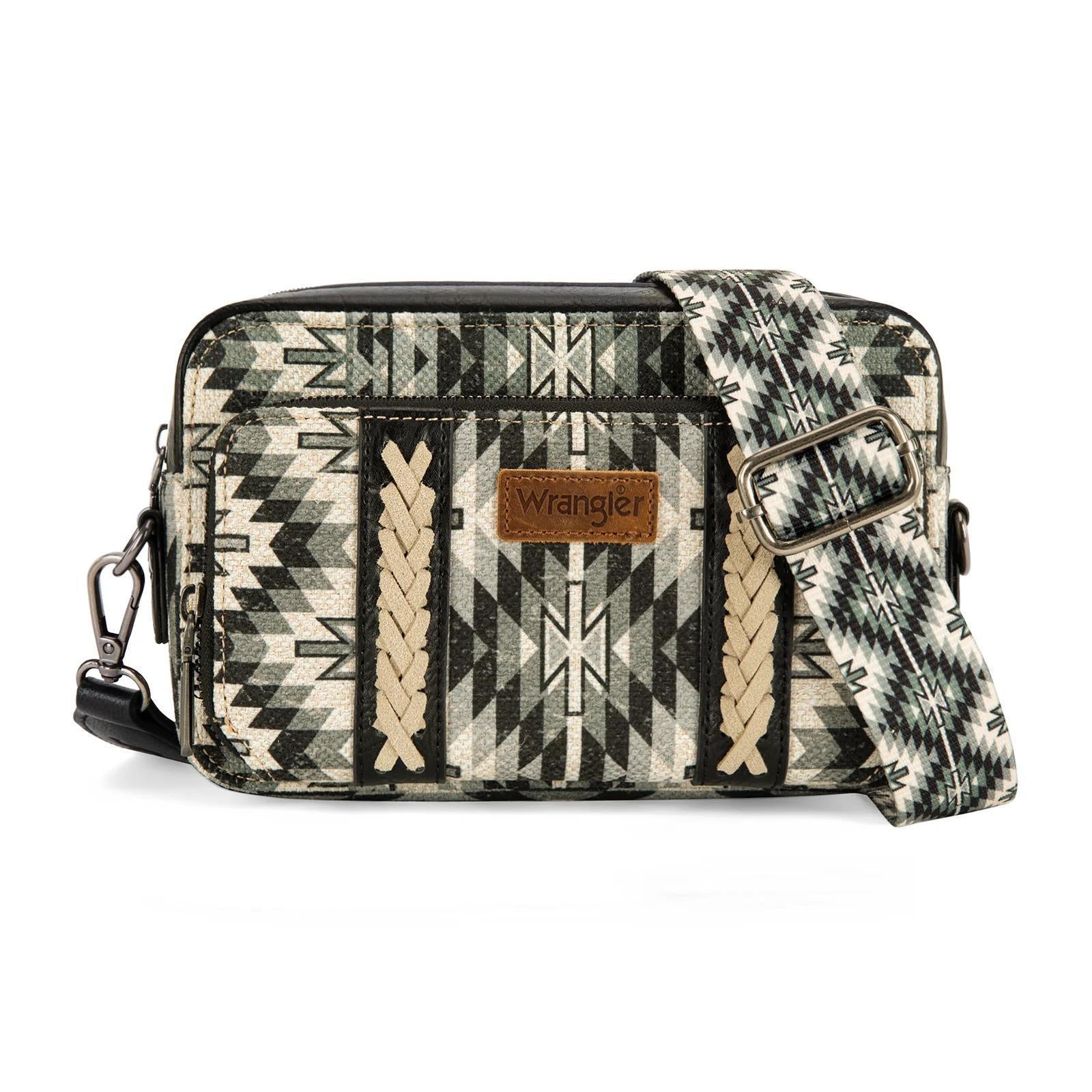 Montana West Wrangler Southwestern Pattern Dual Sided Print Crossbody Purse With Wallet Compartment - Black weis-western-wear
