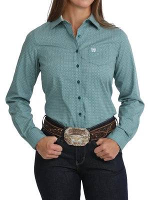 Cinch Women's Teal Geometric Print Long Sleeve Button-Down Shirt