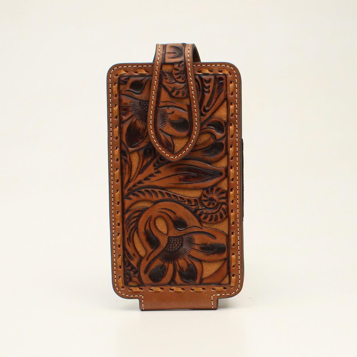 Nocona Phone Case Holder Leather Floral Embossed Pierced Laced Tan weis-western-wear
