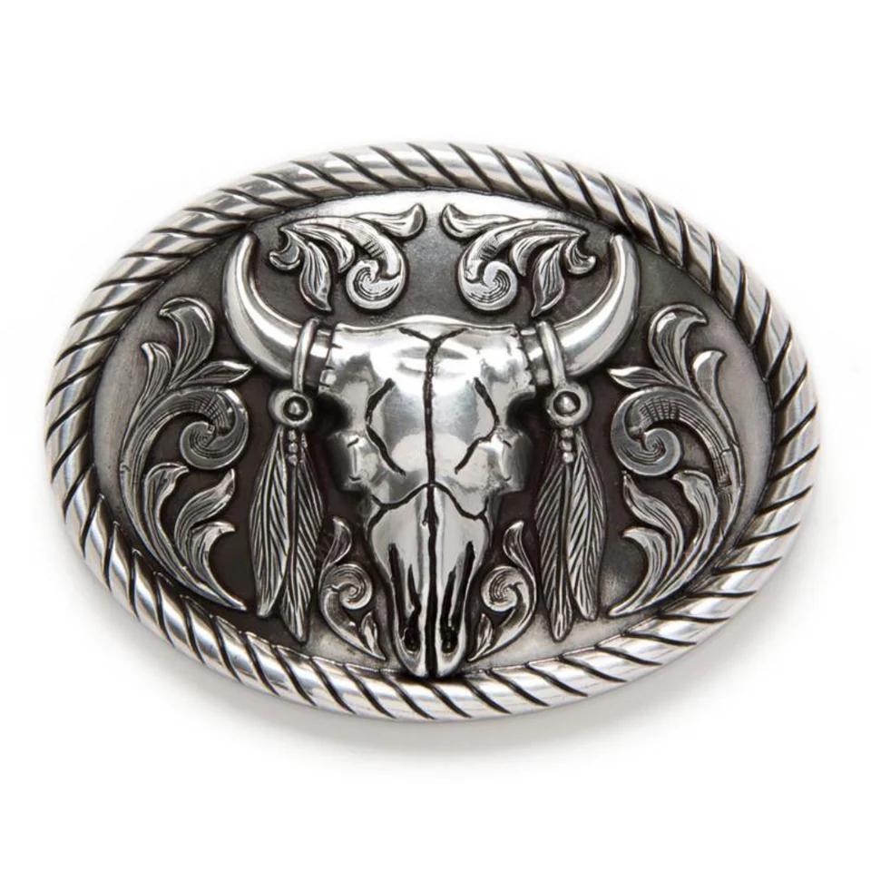 Nocona Steer Skull And Feathers Belt Buckle