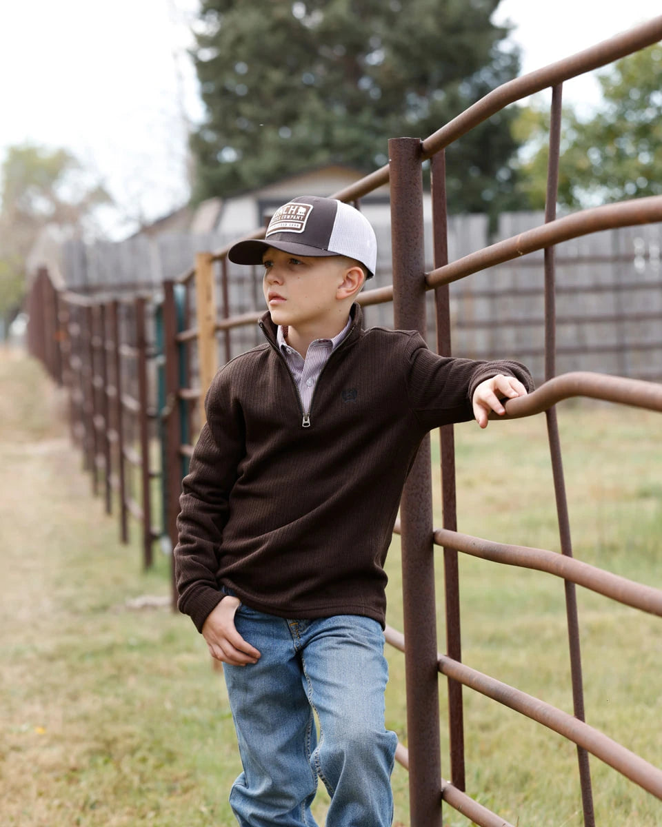Cinch Boy's Brown 1/4 Zip Long Sleeve Textured Pullover