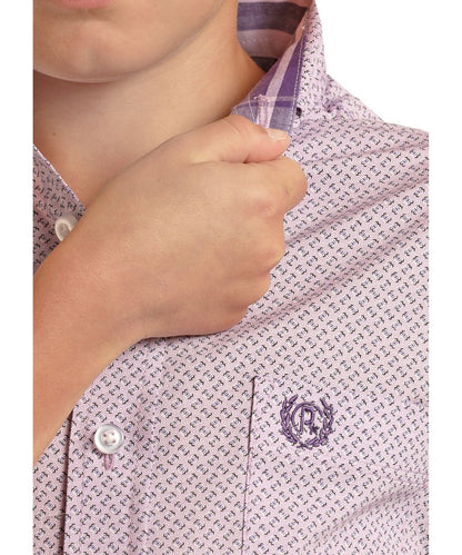 Panhandle Boy’s Shirt Short Sleeve Casual Violet Print Button Down