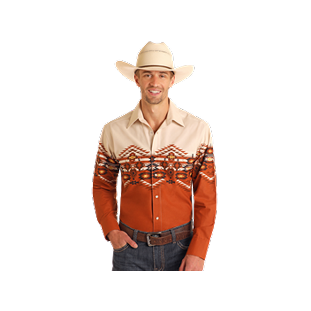 Panhandle Slim Men's Aztec Border Long Sleeve Shirt- Rust