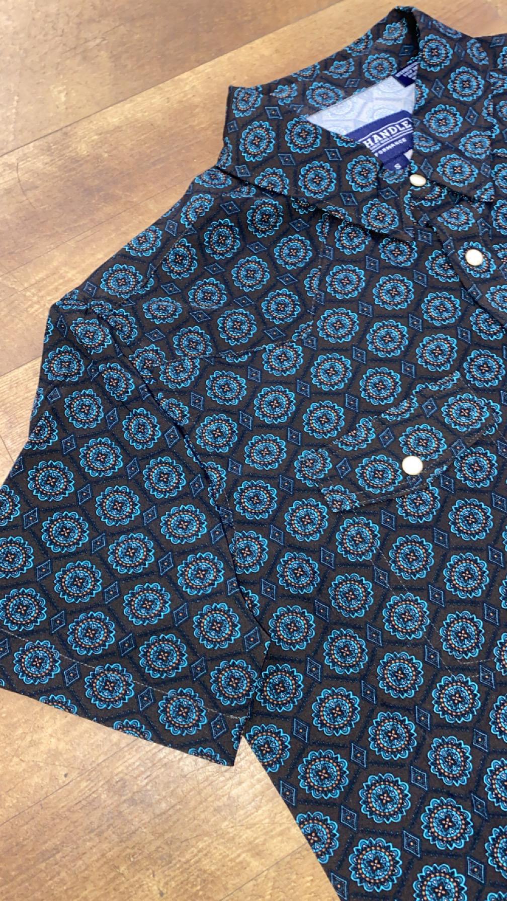 Panhandle Slim Men's Snap Button Short Sleeve Turquoise/Brown Print TMN3S04882