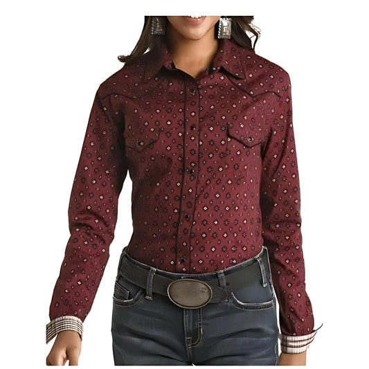 Panhandle Women’s Shirt Long Sleeve Snap Maroon Aztec