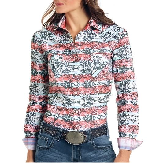 Panhandle Women’s Shirt Long Sleeve Snaps Coral Print