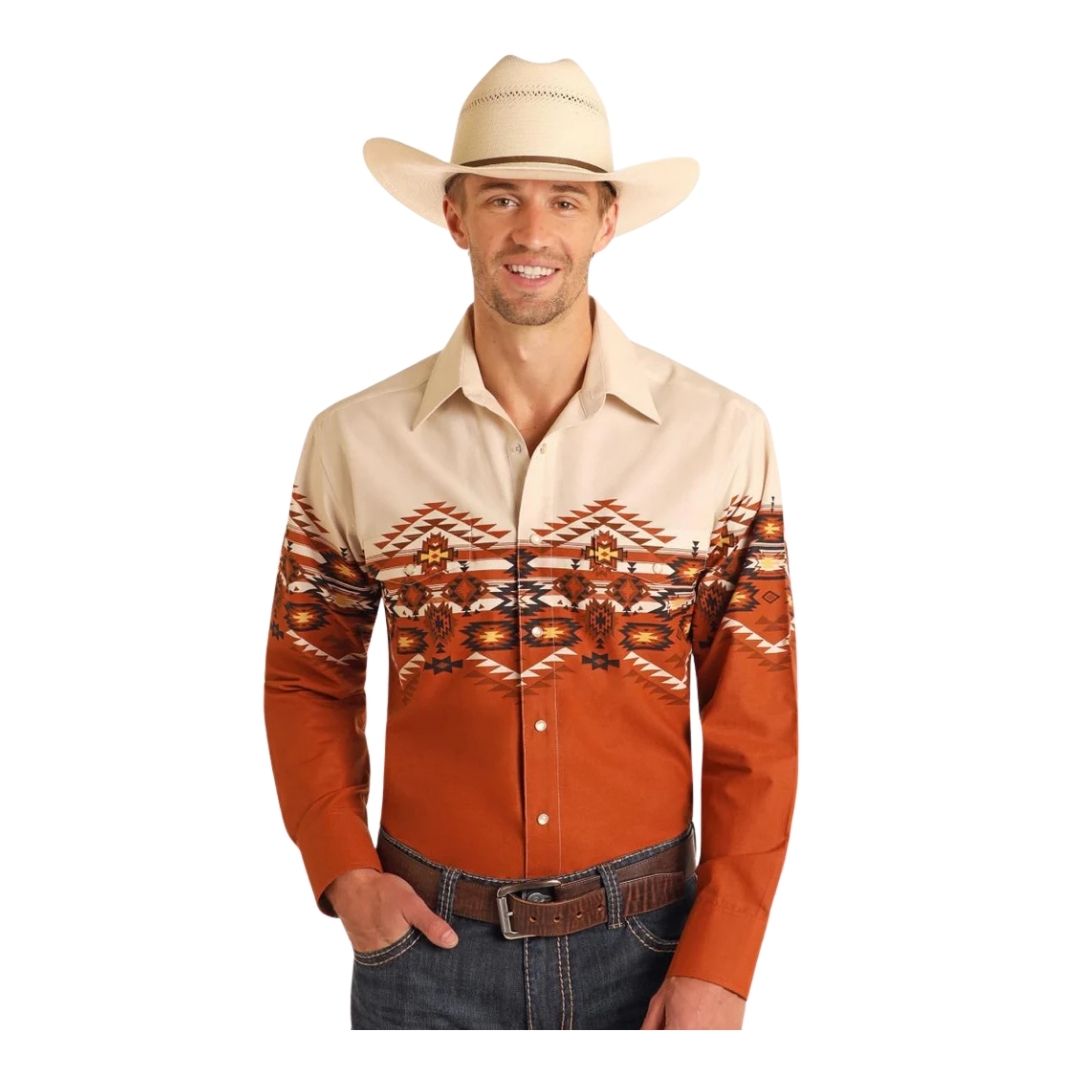Panhandle Slim Men's Aztec Border Long Sleeve Shirt - Rust