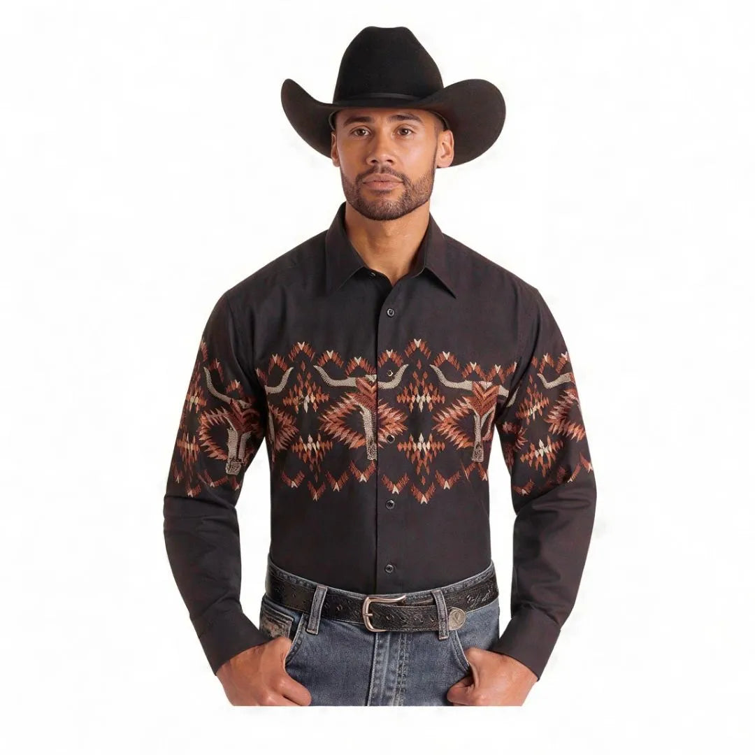 Panhandle Slim Men's Skull Aztec Border Button Up