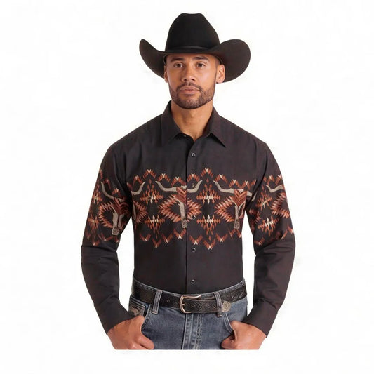 Panhandle Slim Men's Skull Aztec Border Button Up