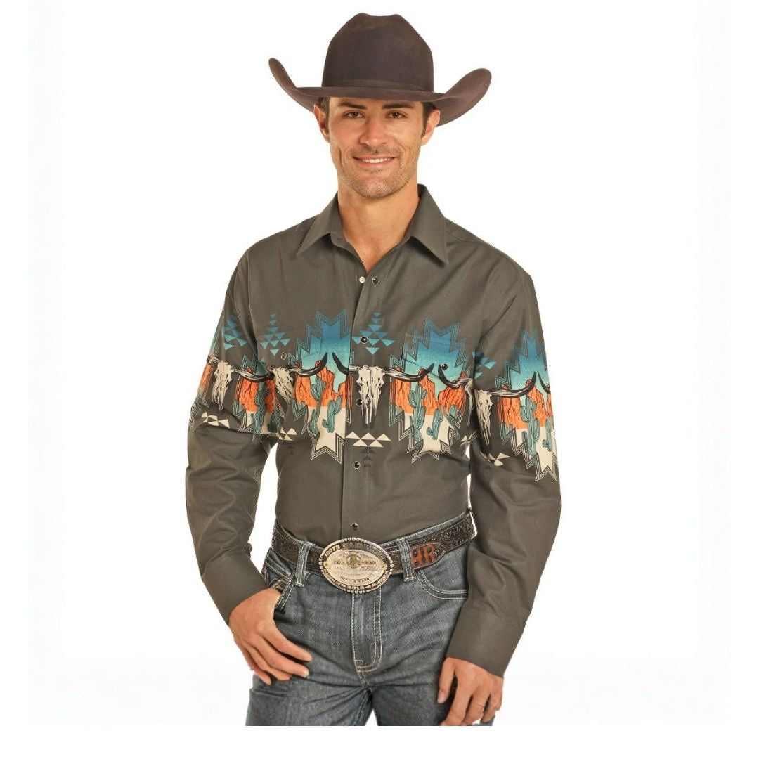 Panhandle Slim Men's Tooled Leather Border Print Western Snap Shirt