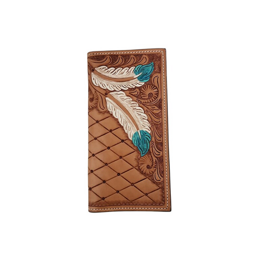 Ranger Belt Co Bi Fold Rodeo Wallet Tooled Painted Feathers weis-western-wear