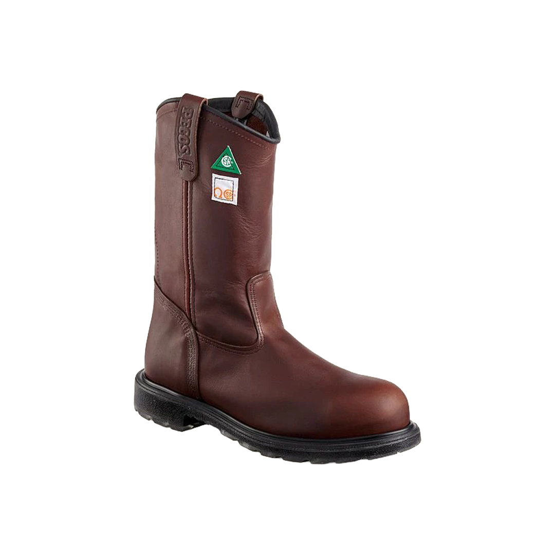 Red Wing 11-inch CSA steel toe pull-on work boot in brown leather, side profile.