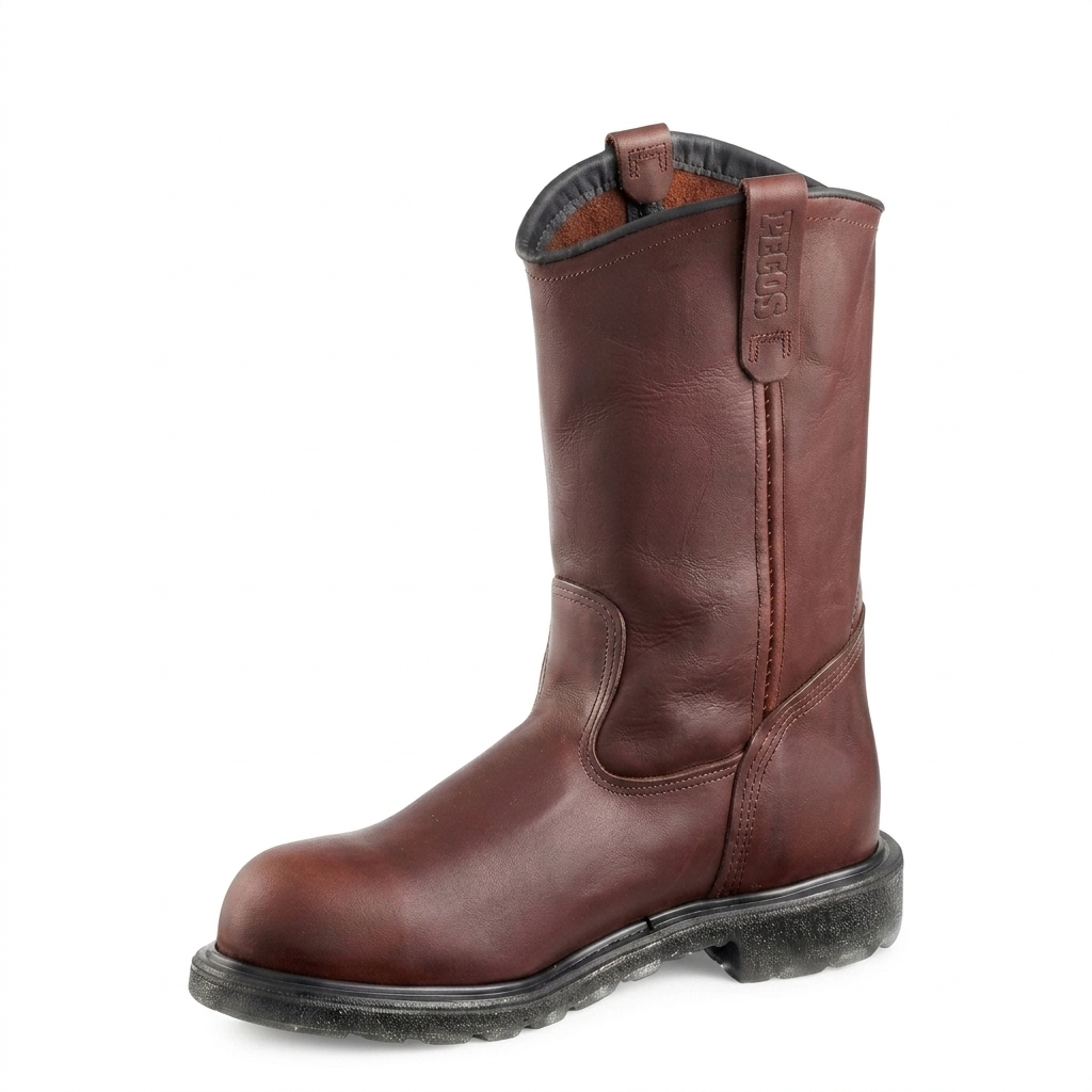 Red Wing 11-inch CSA steel toe pull-on work boot in brown leather, three-quarter front view.