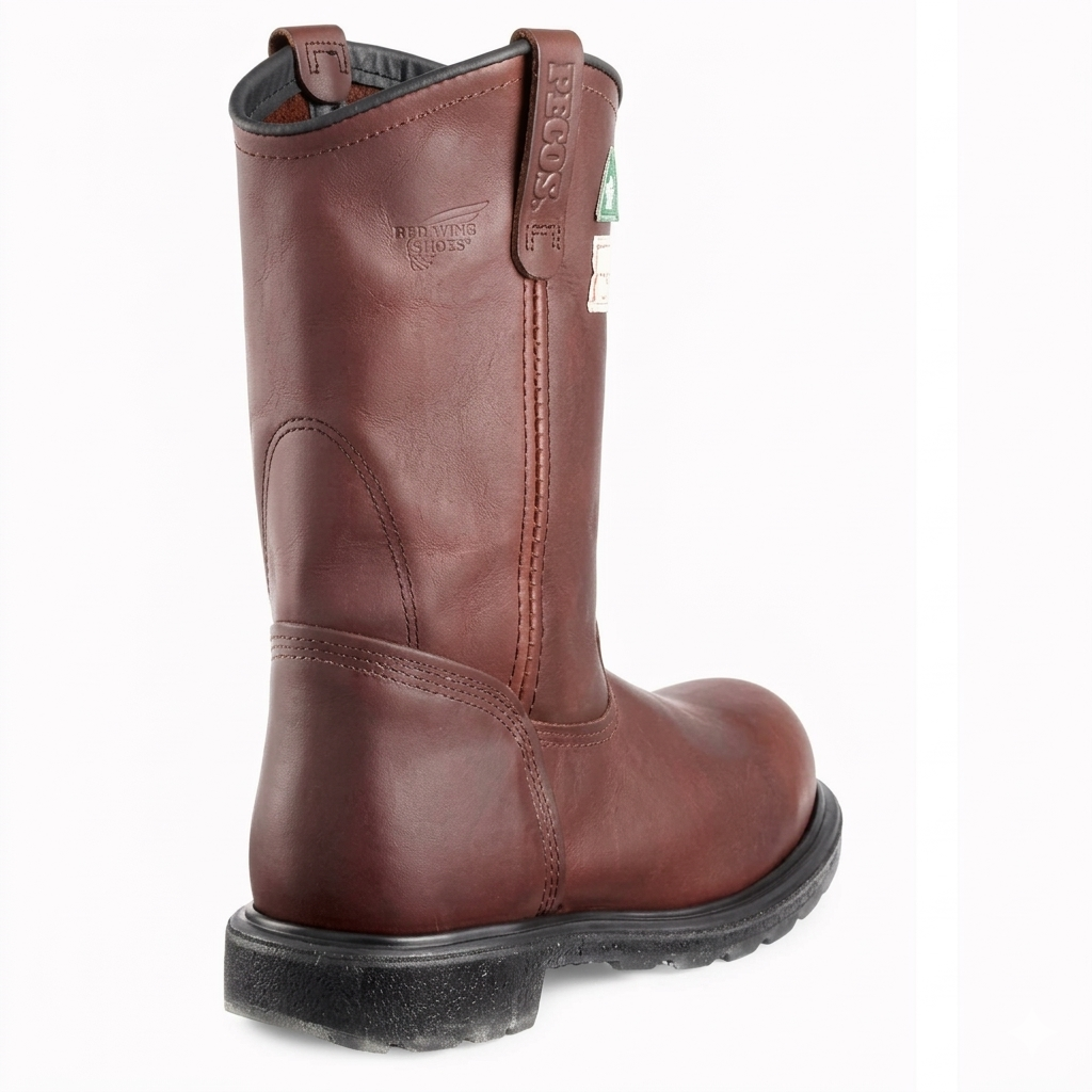 Red Wing 11-inch CSA steel toe pull-on work boot in brown leather, back view showing heel counter.