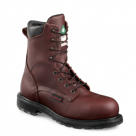 Red Wing 3508 8-inch CSA steel toe lace-up work boot in dark brown leather, side profile.