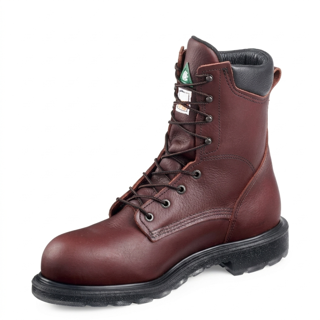 Red Wing 3508 8-inch CSA steel toe lace-up work boot in dark brown leather, three-quarter front view.
