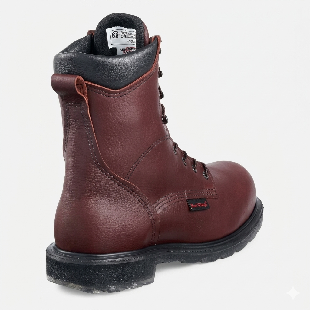 Red Wing 3508 8-inch CSA steel toe lace-up work boot showing heavy-duty rubber toe cap protection.