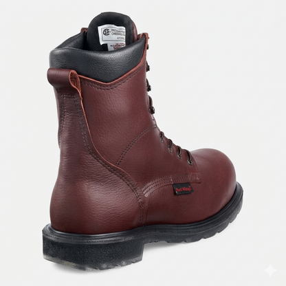 Red Wing 3508 8-inch CSA steel toe lace-up work boot showing heavy-duty rubber toe cap protection.