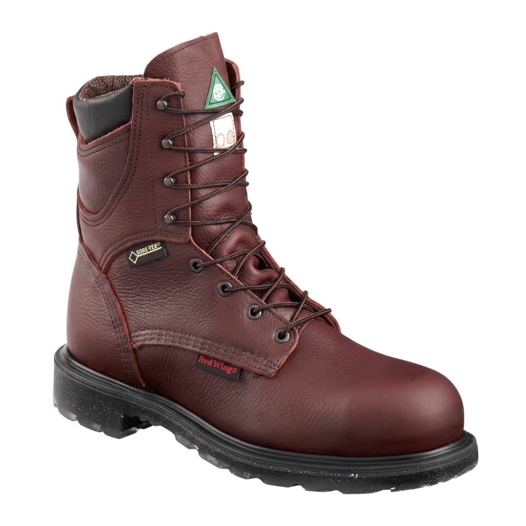 Red Wing 8-inch CSA steel toe work boot in brown waterproof leather, side profile