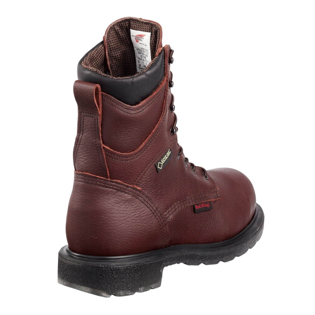 Red Wing 8-inch CSA steel toe work boot in brown leather, rear three-quarter view.