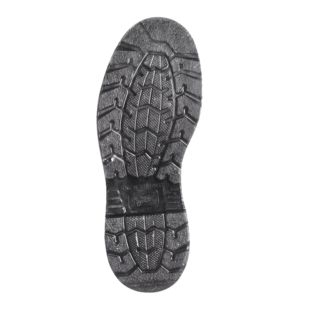 Red Wing 8-inch CSA steel toe work boot, black rubber outsole tread pattern view.