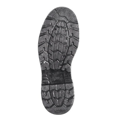Red Wing 8-inch CSA steel toe work boot, black rubber outsole tread pattern view.