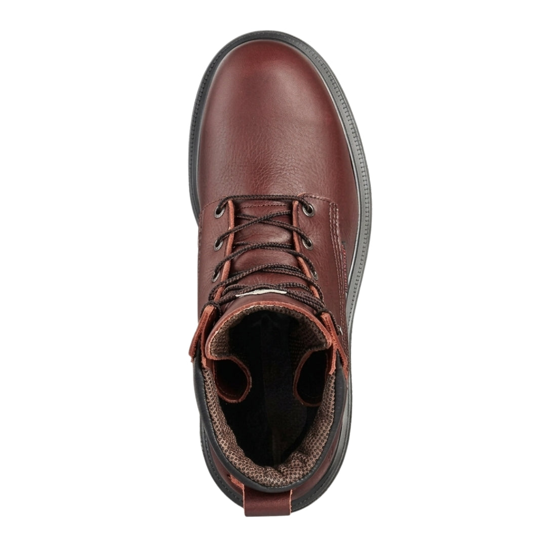 Red Wing 8-inch CSA steel toe work boot in brown leather, top-down view.