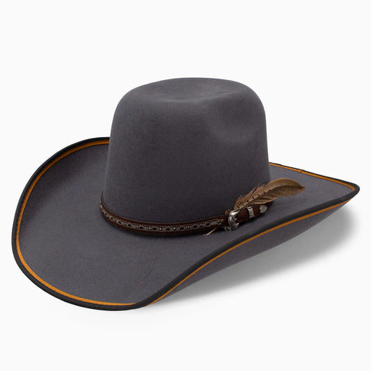 Resistol Tuff Hedeman Ranger Rider B wool felt western hat in grey, side profile view.