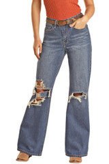 Rock And Roll Women's Distressed Wide Leg Jeans -Clearance