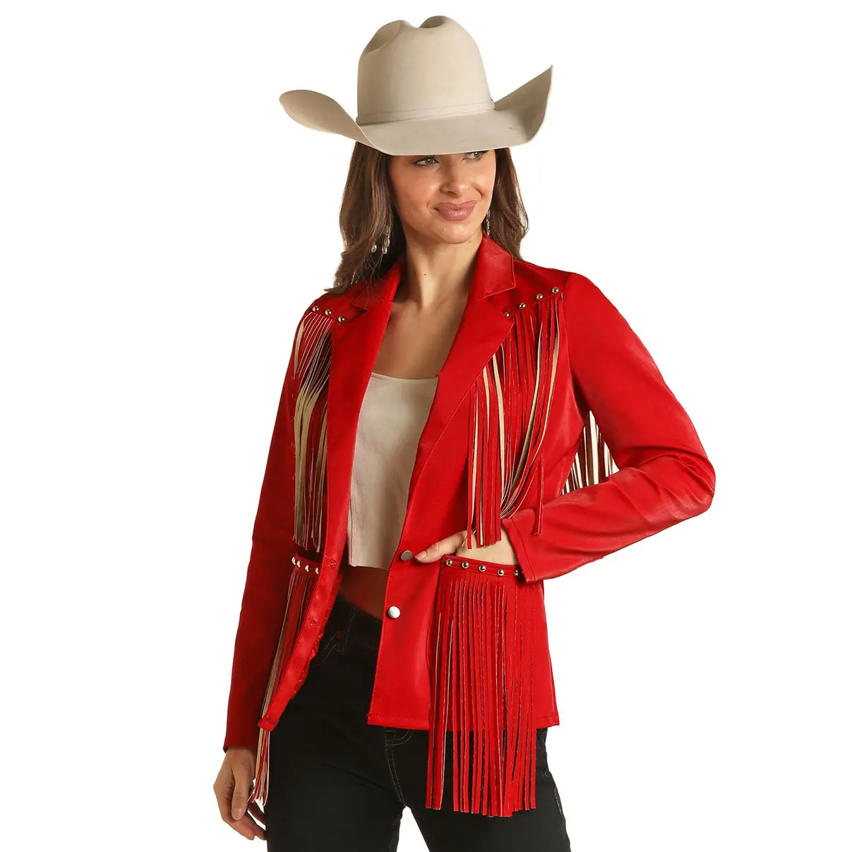 Rock & Roll Denim Women's Red Jacket With Fringe BW92D03030