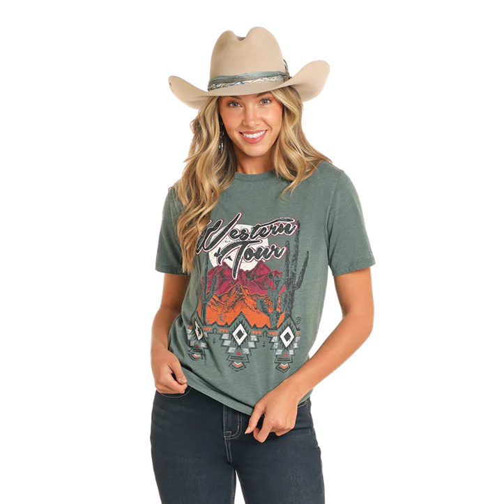 Rock & Roll Denim Women's Teal Western Tour Graphic T-Shirt BW21T04525