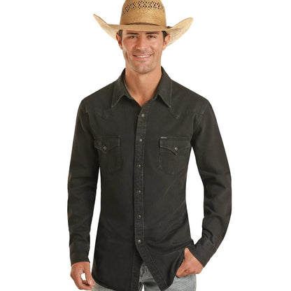 Rock & Roll Men's Cowboy Modern Fit Black Denim Solid Snap BMN2S03703