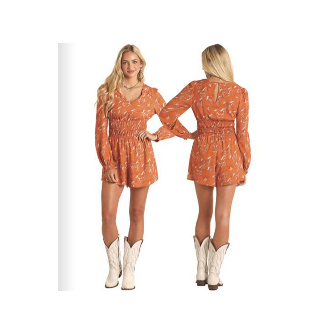 Rock&Roll Women's Horse Print Romper In Rust
