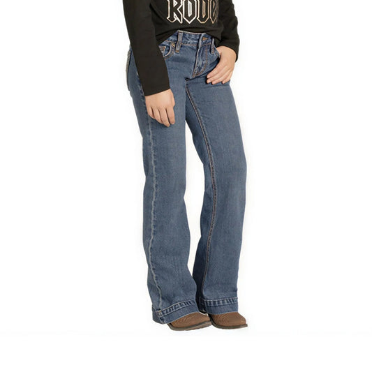 Rock & Roll Girl's Medium Wash Boot Stitch Raised Emblem Trouser Jeans