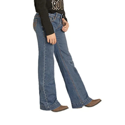 Rock & Roll Girl's Medium Wash Boot Stitch Raised Emblem Trouser Jeans