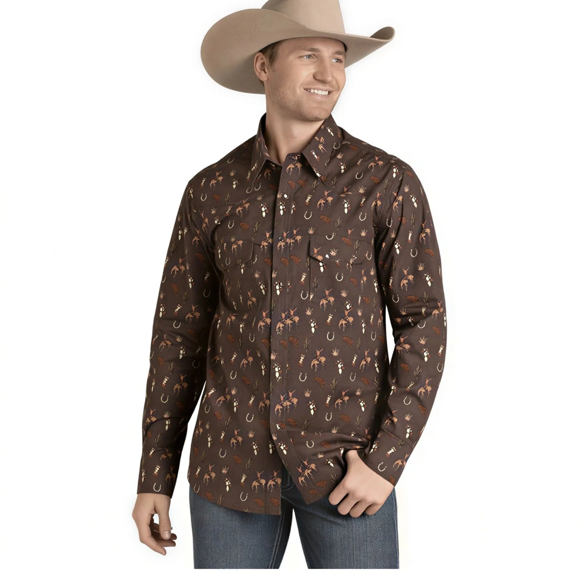 Rock & Roll Men's Print Long Sleeve Snap Up Shirt - Dark Brown weis-western-wear