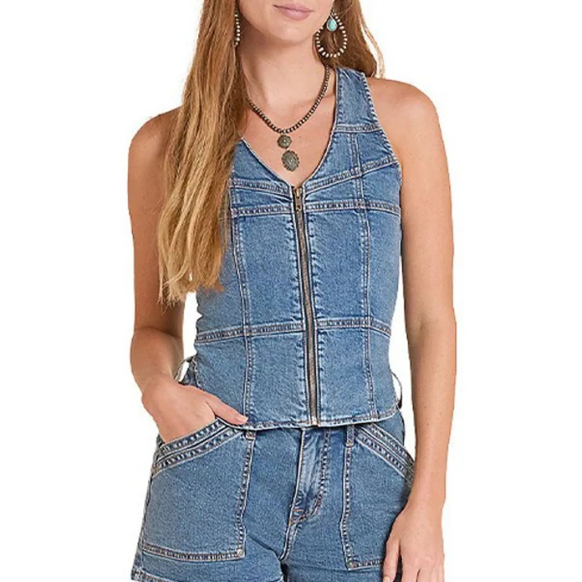 Rock & Roll Women's Seamed Denim Zip Up Vest weis-western-wear
