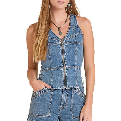 Rock & Roll Women's Seamed Denim Zip Up Vest weis-western-wear