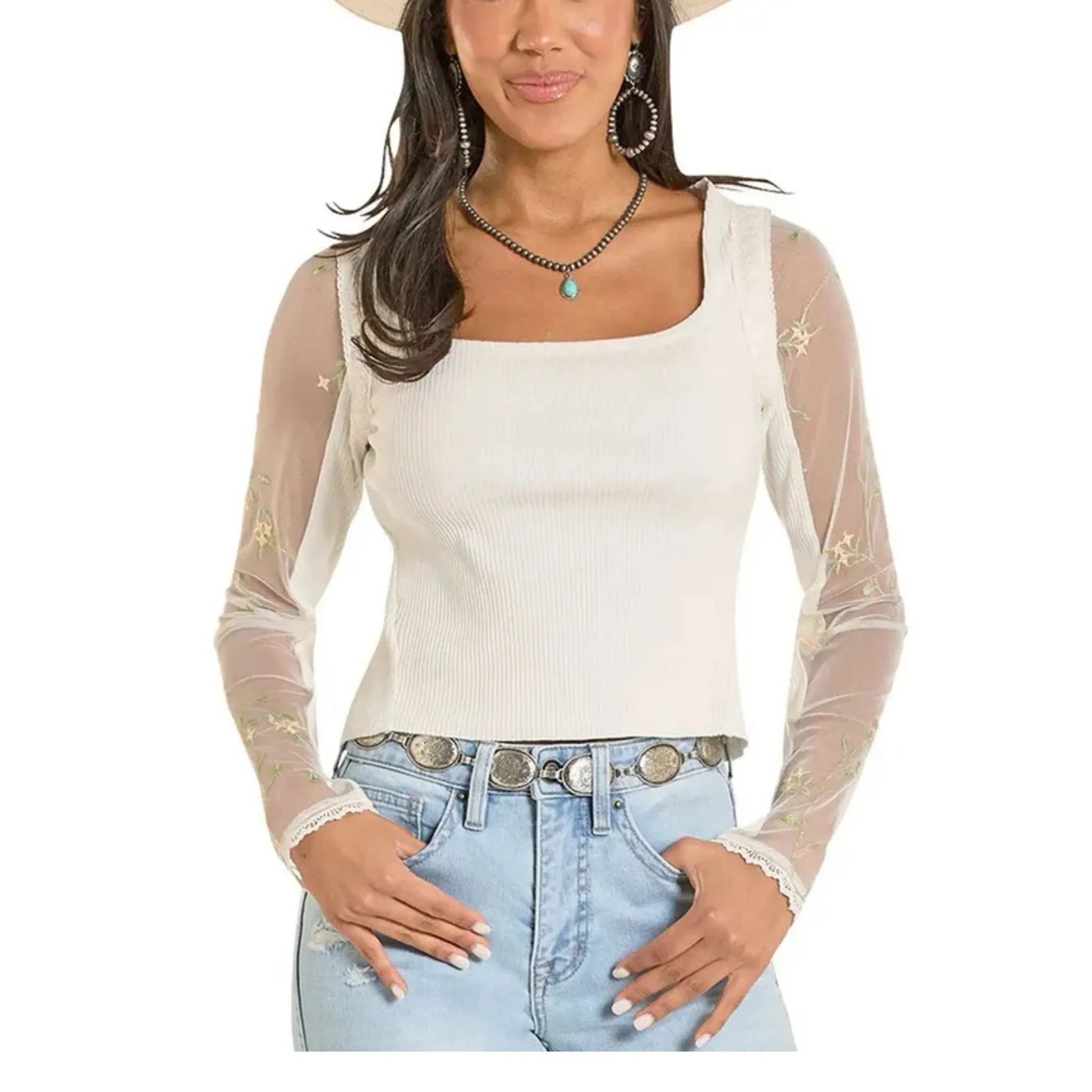 Rock & Roll Womens Embroidered Lace Blouse White weis-western-wear