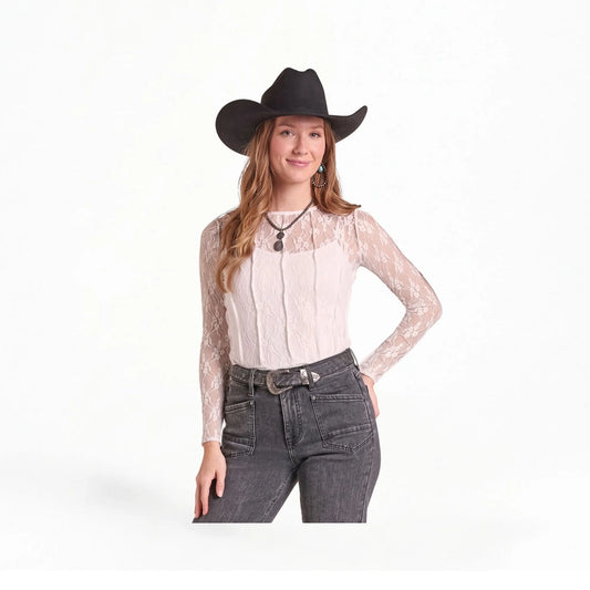 Rock & Roll Denim Women's Natural Lace Long Sleeve Mesh Top
