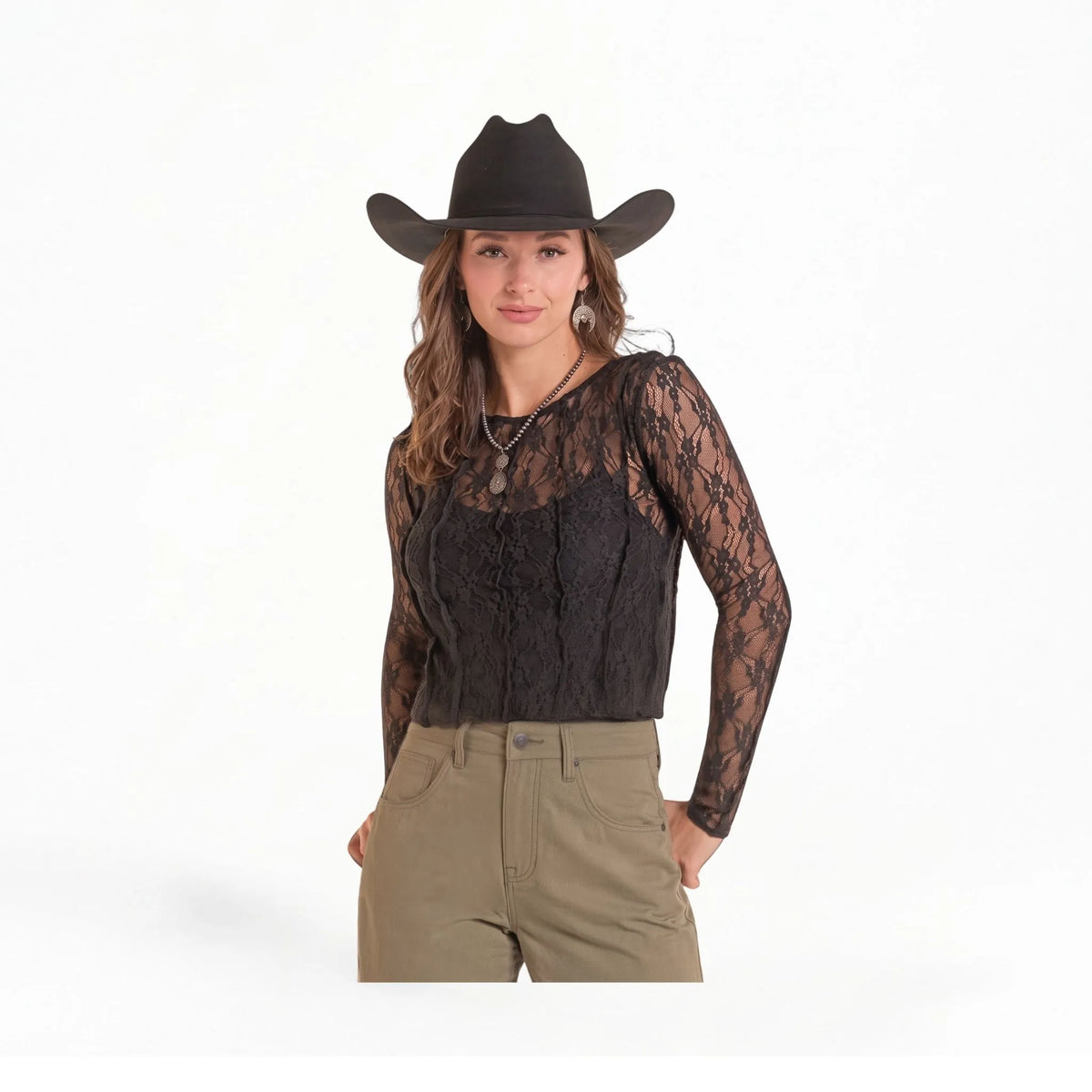 Rock & Roll Denim Women's Natural Lace Long Sleeve Mesh Top