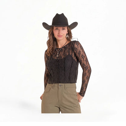 Rock & Roll Denim Women's Natural Lace Long Sleeve Mesh Top