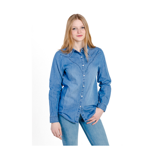 Rockin A Design Women's Boot Stitch Denim Pearl Snap Shirt