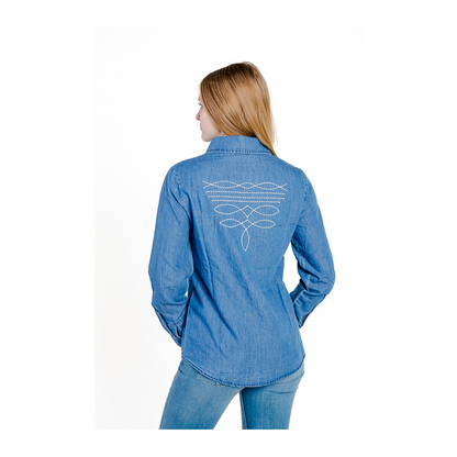 Rockin A Design Women's Boot Stitch Denim Pearl Snap Shirt