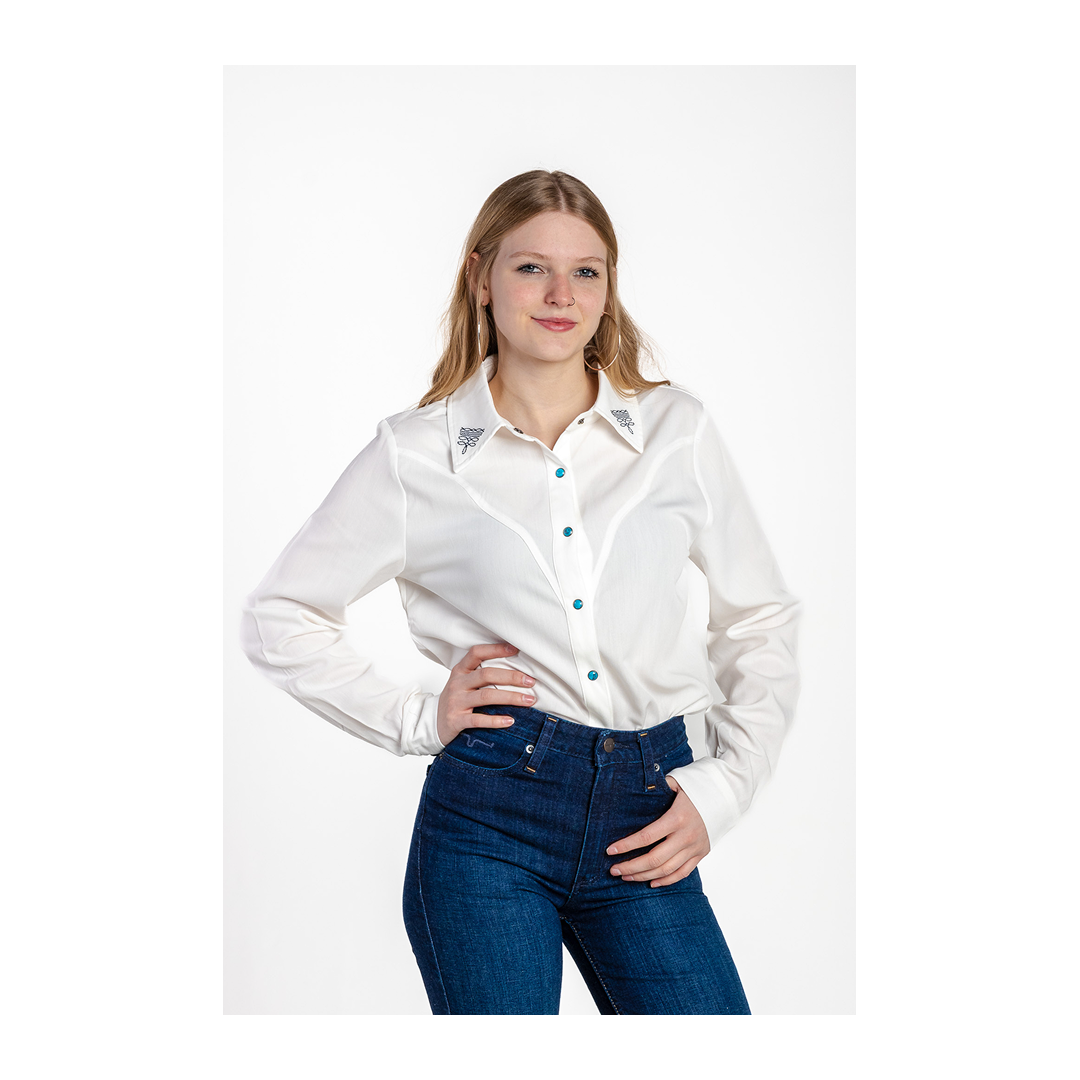 Rockin A Design Women's Boot Stitch Embroidered White Top With Turquoise Snaps