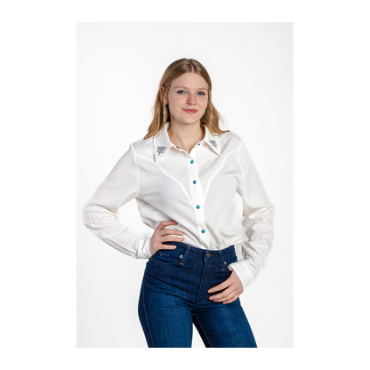 Rockin A Design Women's Boot Stitch Embroidered White Top With Turquoise Snaps