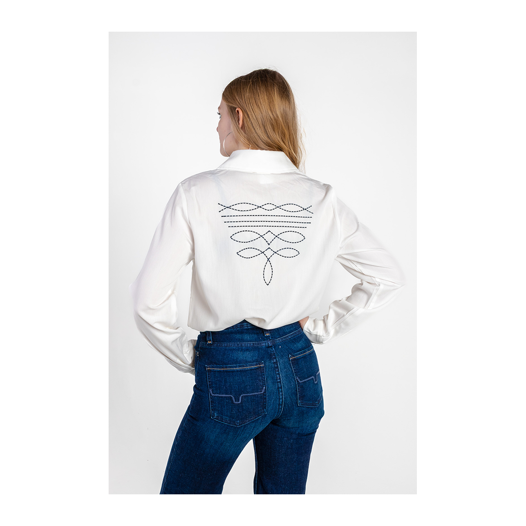 Rockin A Design Women's Boot Stitch Embroidered White Top With Turquoise Snaps